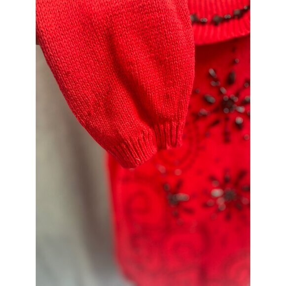 Red Beaded Snowflake Embellished Tunic Sweater Holiday Party - Picture 6 of 13